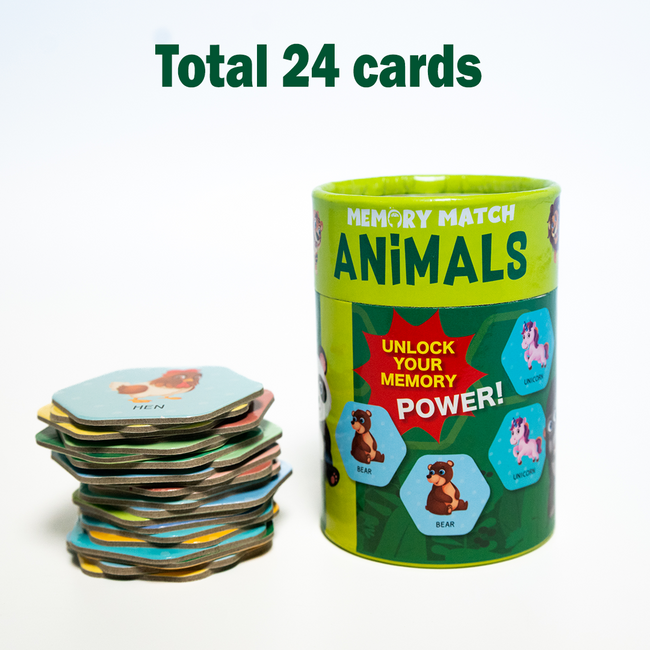 Memory Match Game: Animals ā 24 Durable Cards, 12 Fun Animal Pairs, Brain-Boosting Educational Game for Kids, Toddlers, and FamiliesĀ