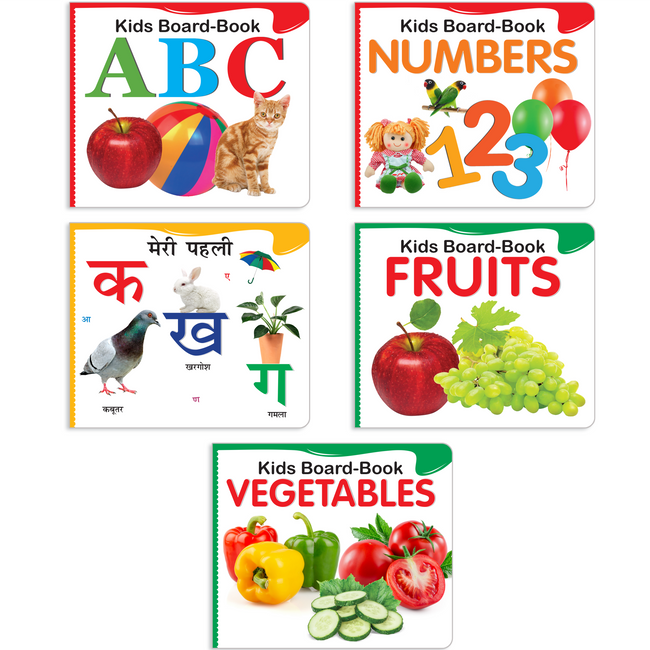 Early Learning Board Book Set for Kids Ages 1+ | 5 Book Set for Toddlers | ABC, Numbers, Fruits, vegetables, Hindi Alphabet | Ideal gift for 1+ Year Old Boys and Girls | Educational Picture Board Books