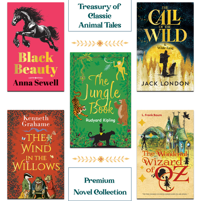 Treasury of Classic Animal Tales | The Jungle Book, Black Beauty, The Wonderful Wizard of Oz and The Call of the Wild & White Fang| Set of 5 Unabridged Animal Classics with Bookmarks | Sturdy Gift Box for Kids & Adults