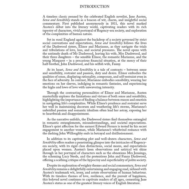 Sense and Sensibility by Jane Austen | Classic Literature | Unabridged & Complete (256 Pages) | Fiction Novel for Readers of All Ages