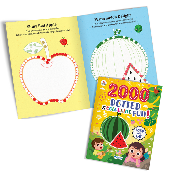 2000 Dotted Colouring Fun I Food We Eat Colouring Sticker Book for Kids Age 4+ I Packed with 2000 Stickers I 16 Pages + 4 Sticker Sheets I Fun Preschool Activity Book by Majestic Book Club