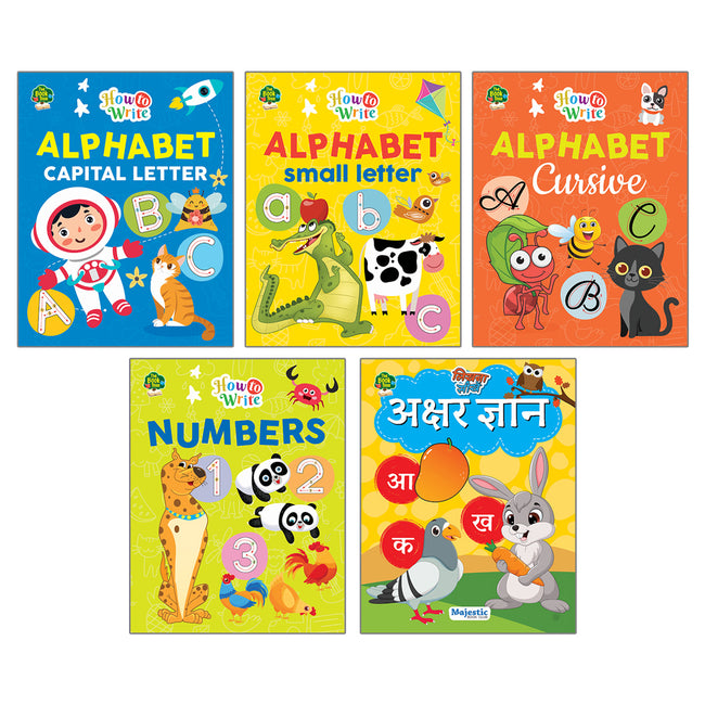 Alphabet, Hindi, and Number Writing Books (Set of 5 Books)