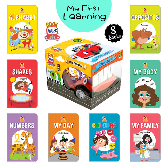 My first Little Librarian: Book Truck of 8 Best Board Books for Kids parked in a Truck