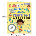 My First Time Money and Fractions Workbook for Kids | Telling Time, Analog & Digital Clocks, Comparing Fractions & Counting Money | Math Practice Activity Book for Children | Ages 5+
