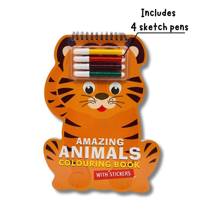 Animals Shaped Colouring Book for Kids Ages 3+, Includes 4 sketch Pens and Sticker Sheet, Animal Colouring Gift Set for Boys and Girls