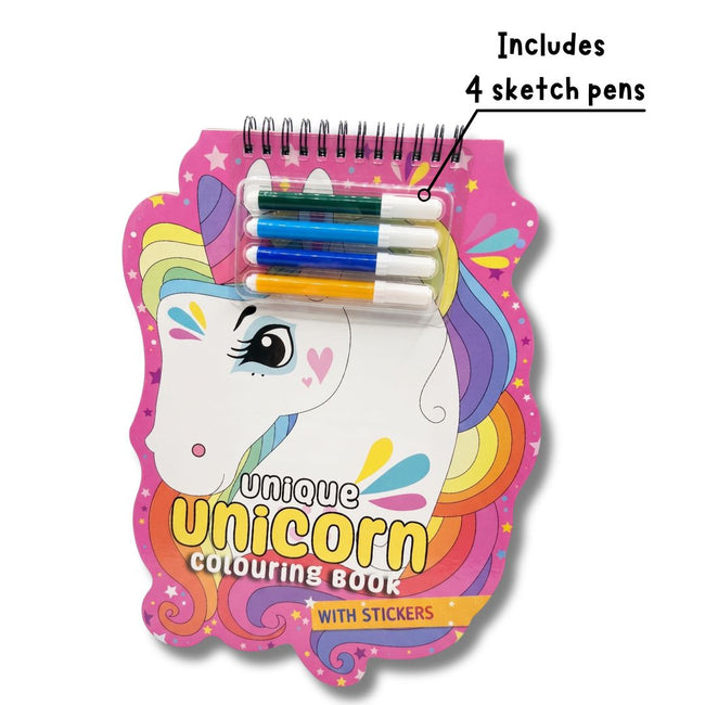 Unicorn Shaped Colouring Book for Kids, 4 Sketch Pens and Sticker Sheet, Unicorn Activity Colouring Kit, Art Set Gift for Children Ages 3+