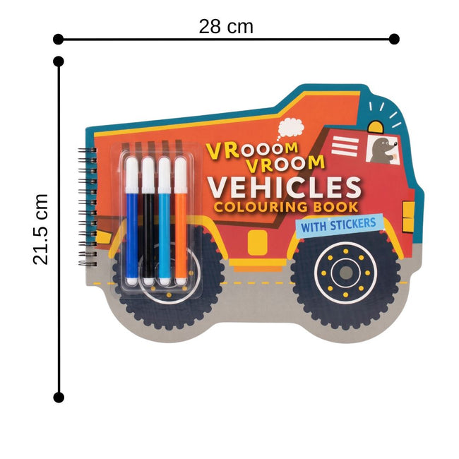 Vehicles Shaped Colouring Book for Kids, 4 Sketch Pens and Sticker Sheet, Transport Activity Colouring Kit, Gift Set for Children Ages 3+