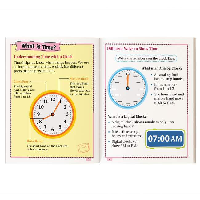 My First Time Money and Fractions Workbook for Kids | Telling Time, Analog & Digital Clocks, Comparing Fractions & Counting Money | Math Practice Activity Book for Children | Ages 5+