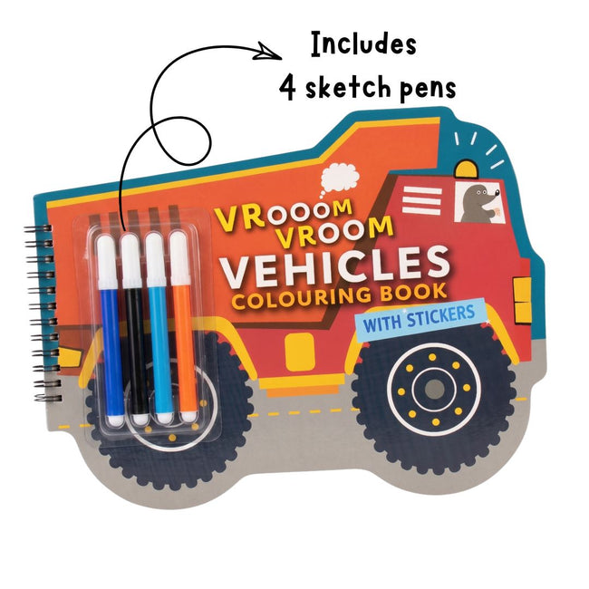 Vehicles Shaped Colouring Book for Kids, 4 Sketch Pens and Sticker Sheet, Transport Activity Colouring Kit, Gift Set for Children Ages 3+
