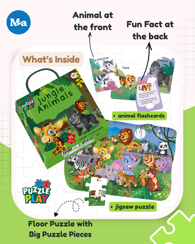 Puzzle Play Jungle Animals Floor Puzzle for Kids | 35 Piece Jigsaw Puzzle + 25 Flash Cards | Educational Learning Toy for Boys & Girls Age 4+ | Lion, Giraffe, Gorilla & More