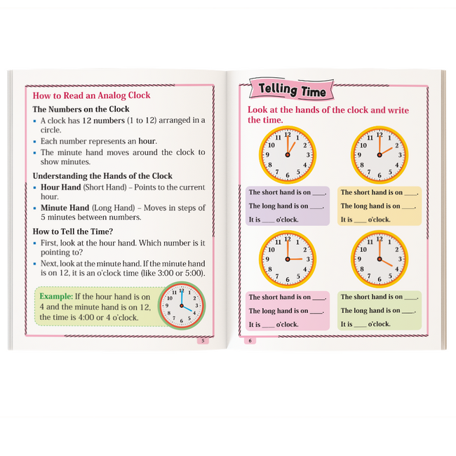 My First Time Money and Fractions Workbook for Kids | Telling Time, Analog & Digital Clocks, Comparing Fractions & Counting Money | Math Practice Activity Book for Children | Ages 5+