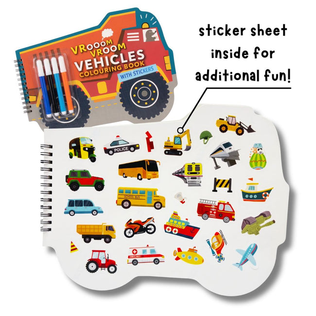 Vehicles Shaped Colouring Book for Kids, 4 Sketch Pens and Sticker Sheet, Transport Activity Colouring Kit, Gift Set for Children Ages 3+