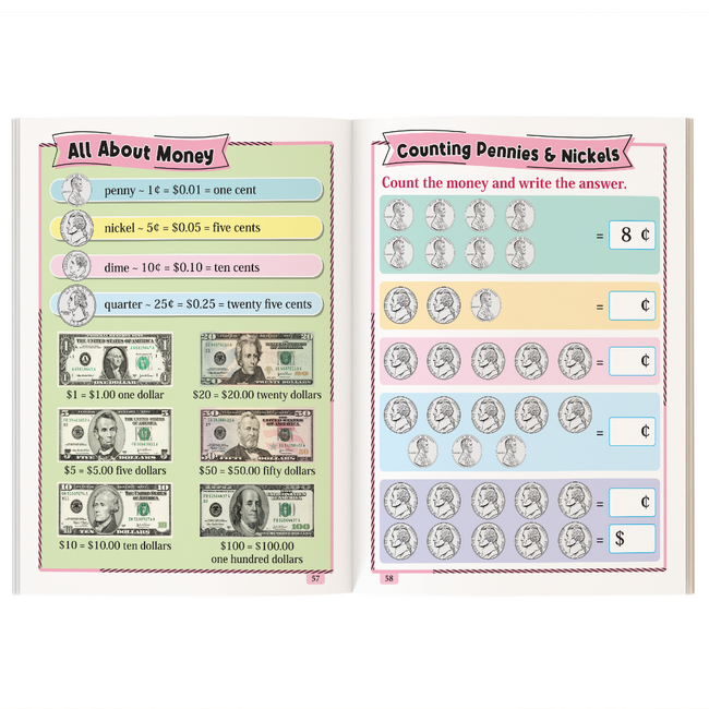My First Time Money and Fractions Workbook for Kids | Telling Time, Analog & Digital Clocks, Comparing Fractions & Counting Money | Math Practice Activity Book for Children | Ages 5+