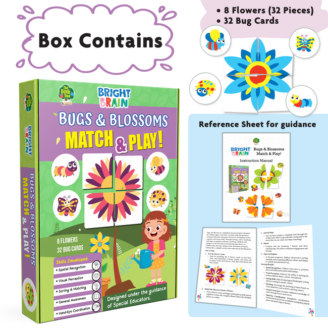 Bright Brain Bugs and Blossoms Match and Play Game, 8 Flowers 32 Bug Cards, Sorting Color Matching Toy