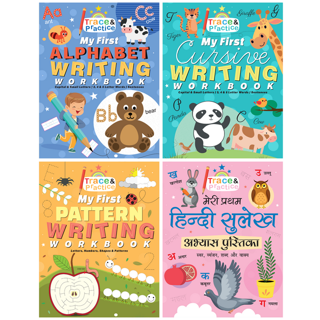 My First Trace & Practice Writing Workbooks for Kids – Set of 4 | Alphabet Writing, Cursive Writing, Pattern Writing & Hindi Sulekh Abhyas Pustika | Ages 3-7