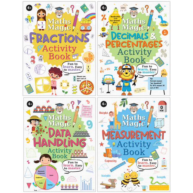 Math Magic – Fractions, Decimals & Percentages, Data Handling, Measurement | Set of 4 Maths Activity Books for Kids Ages 4+ | Fun Learning Puzzles & Practice Sheets