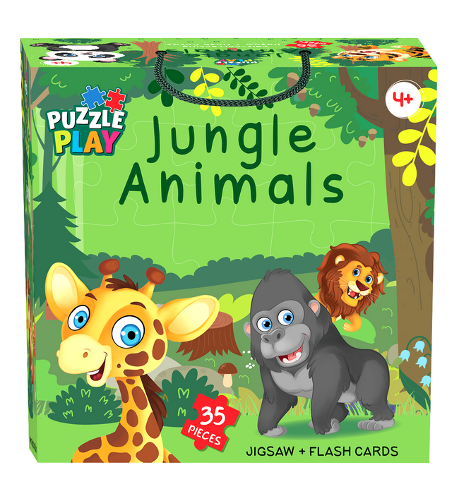Puzzle Play Jungle Animals Floor Puzzle for Kids | 35 Piece Jigsaw Puzzle + 25 Flash Cards | Educational Learning Toy for Boys & Girls Age 4+ | Lion, Giraffe, Gorilla & More