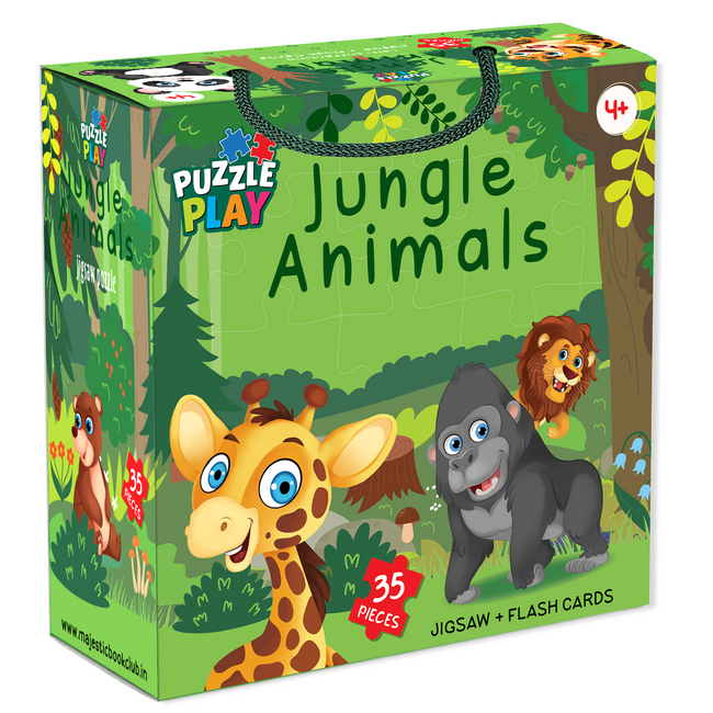 Puzzle Play Jungle Animals Floor Puzzle for Kids | 35 Piece Jigsaw Puzzle + 25 Flash Cards | Educational Learning Toy for Boys & Girls Age 4+ | Lion, Giraffe, Gorilla & More