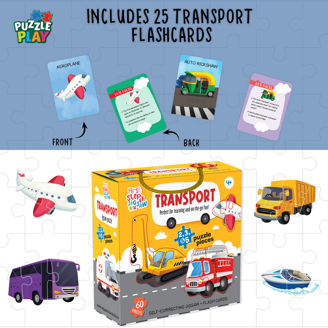Transport Puzzle for Kids, 60 Puzzle Pieces & 25 Flashcards