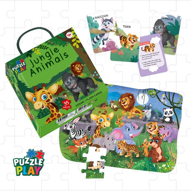 Puzzle Play Jungle Animals Floor Puzzle for Kids | 35 Piece Jigsaw Puzzle + 25 Flash Cards | Educational Learning Toy for Boys & Girls Age 4+ | Lion, Giraffe, Gorilla & More