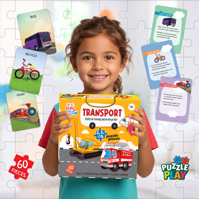 Transport Puzzle for Kids, 60 Puzzle Pieces & 25 Flashcards
