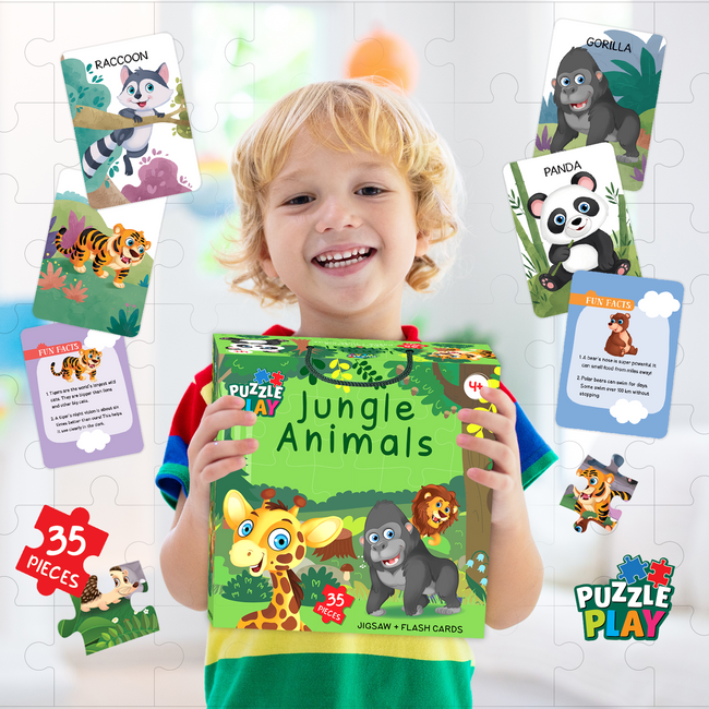 Puzzle Play Jungle Animals Floor Puzzle for Kids | 35 Piece Jigsaw Puzzle + 25 Flash Cards | Educational Learning Toy for Boys & Girls Age 4+ | Lion, Giraffe, Gorilla & More