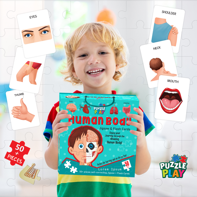 Human Body Puzzle Box for Kids I 50+ Jigsaw Puzzle Pieces & 25 My Body Flashcards I Educational Toy for Children Age 4+ I for Children