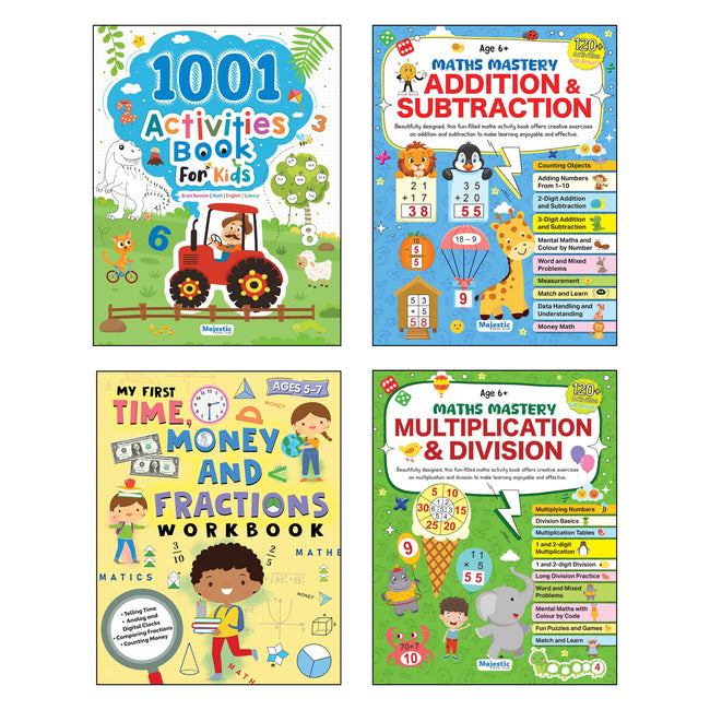 Majestic Book Club 4 Book Activity Set for Kids Age 5-8 | 1001 Activities, Addition & Subtraction, Multiplication & Division, Time Money & Fractions Workbook