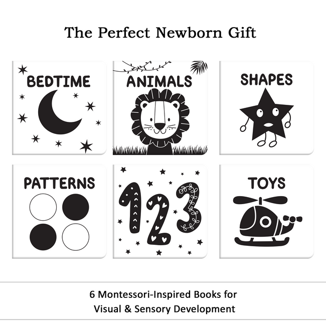 High Contrast Books for Babies & Infants | Box Set of 6 Books | Black & White Educational Books | Visual & Sensory Stimulation