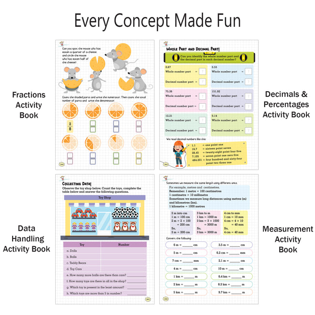Math Magic – Fractions, Decimals & Percentages, Data Handling, Measurement | Set of 4 Maths Activity Books for Kids Ages 4+ | Fun Learning Puzzles & Practice Sheets